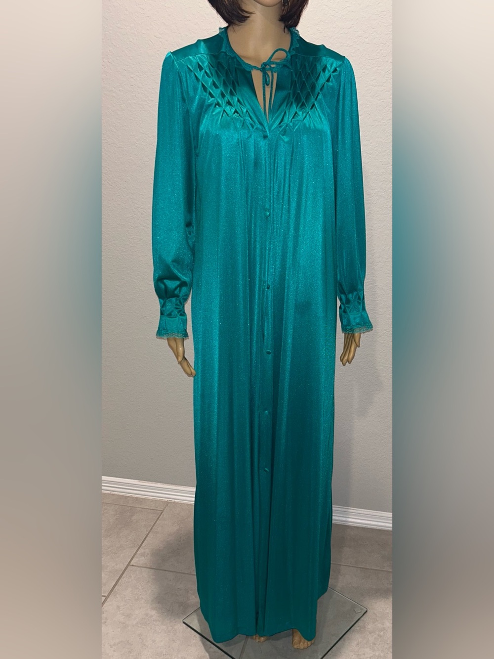 Teal Long Maxi Nightgown with Lattice Yoke and Tie Neck
